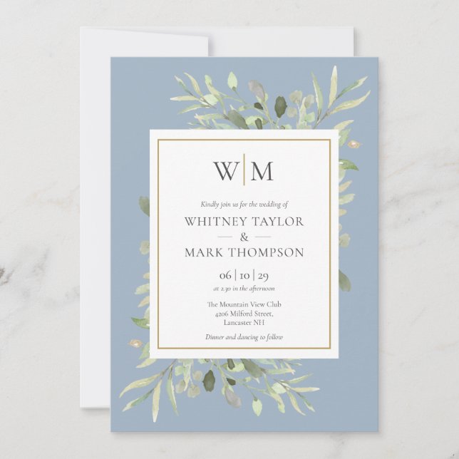 Invitation Monogramme moderne Dusty Blue Greenery Mariage (Devant)
