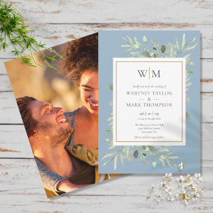 Invitation Monogramme moderne Dusty Blue Greenery Mariage pho