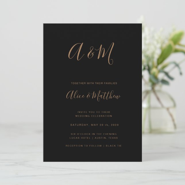 Invitation Monogramme moderne élégant Mariage or noir (Debout devant)