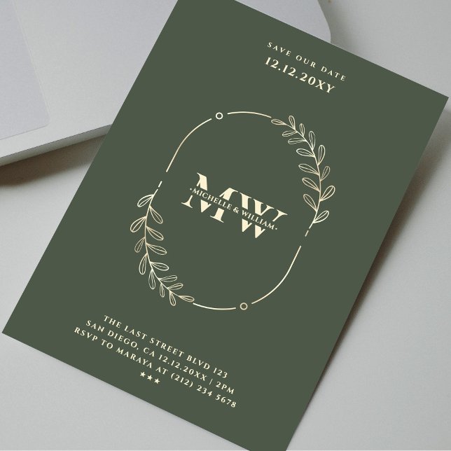 Invitation Monogramme moderne Mariage élégant Vert foncé Or (Modern Monogram Elegant Wedding Dark Green Gold Invitation
)