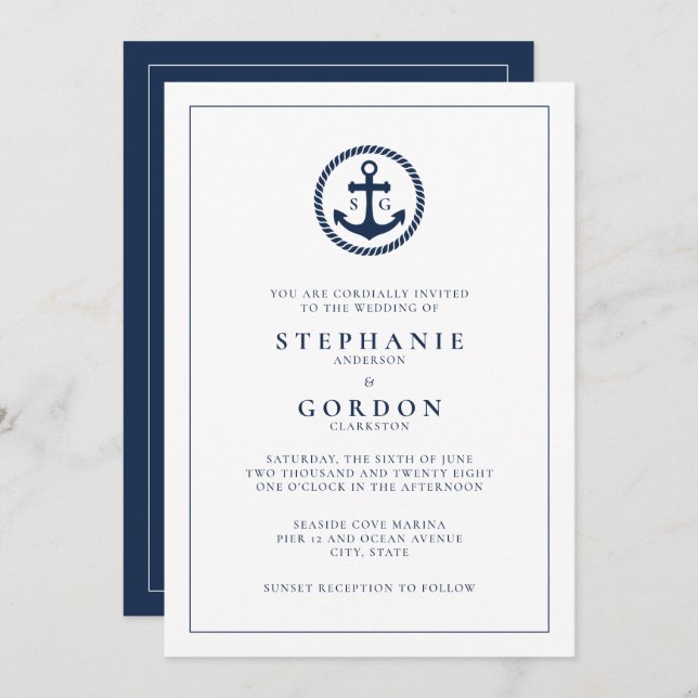 Invitation Monogramme moderne Mariage nautique (Devant / Derrière)