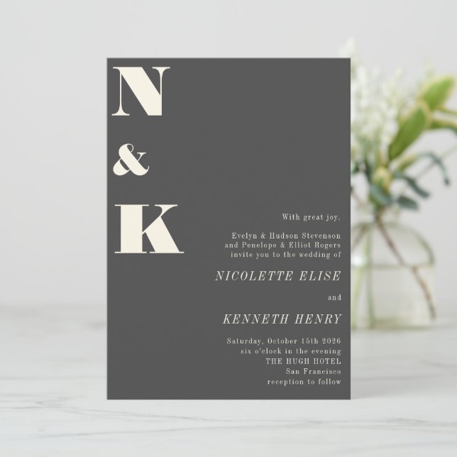 Invitation Monogramme moderne minimaliste Mariage noir gras (Debout devant)