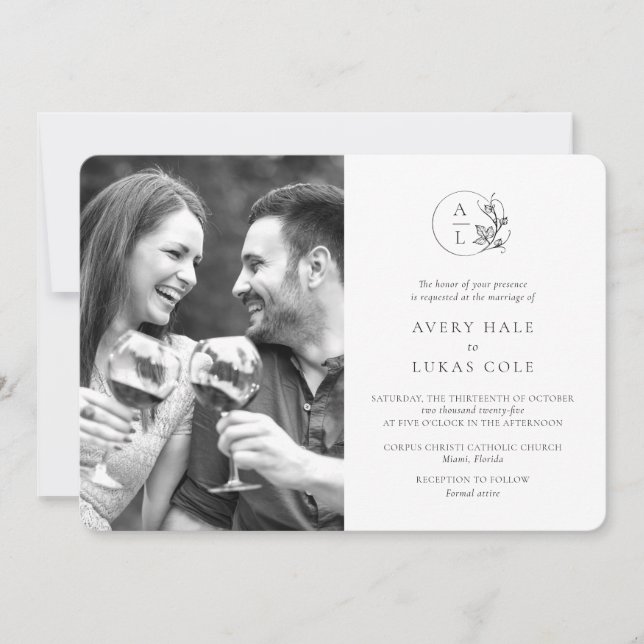 Invitation Monogramme moderne noir blanc Mariage photo (Devant)