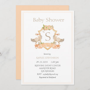 Invitation Monogramme moderne Peach Crest Storks Baby