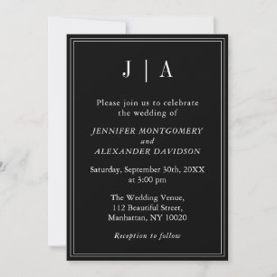 Invitation Monogramme Moderne Simple Mariage noir et blanc