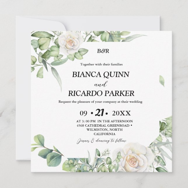 Invitation Monogramme moderne vert eucalyptus Carré Mariage (Devant)