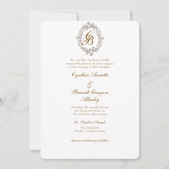 Invitation Monogramme monochrome Rococo Crest Mocha (Devant)