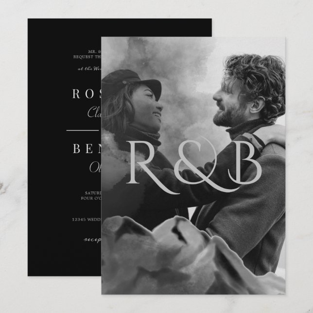 Invitation Monogramme Montagnes noires et blanches Mariage ph (Devant / Derrière)