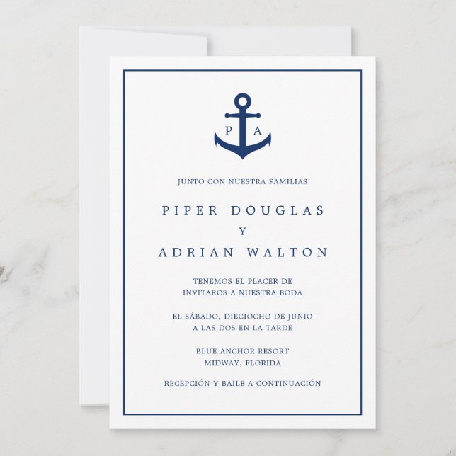 Invitation Monogramme nautique Ancre bleue marine Mariage esp (Devant)