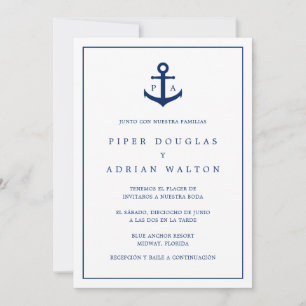 Invitation Monogramme nautique Ancre bleue marine Mariage esp