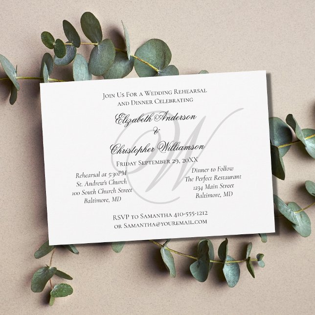 Invitation Monogramme noir blanc argent Réception de mariage  (Black White Silver Formal Rehearsal Dinner Invitation with Monogram)