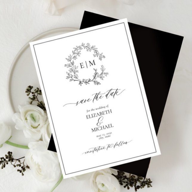 Invitation Monogramme noir blanc en poitrine feuillu Enregist (Créateur téléchargé)