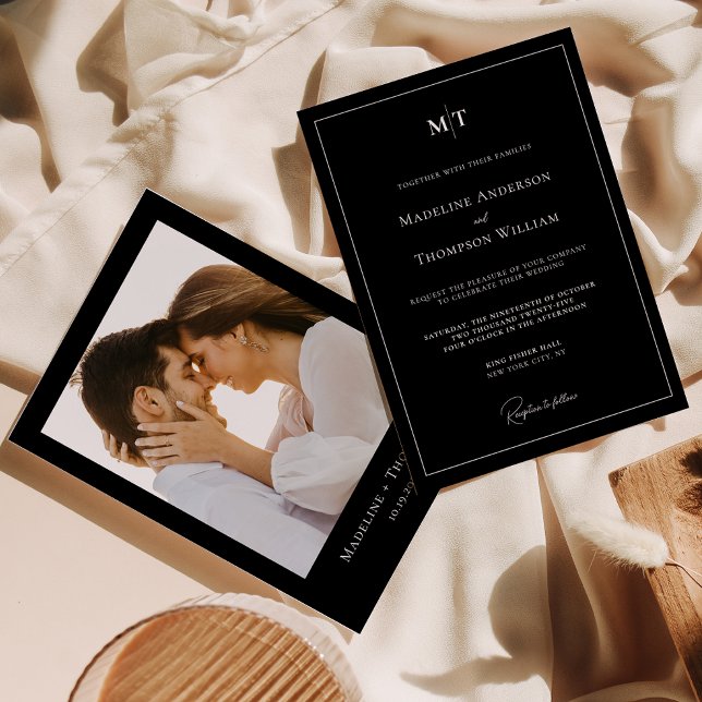 Invitation Monogramme noir classique avec Mariage photo front (Créateur téléchargé)
