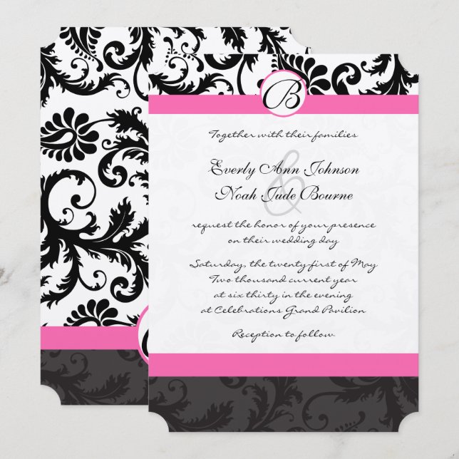 Invitation Monogramme noir et blanc damas garniture rose (Devant / Derrière)