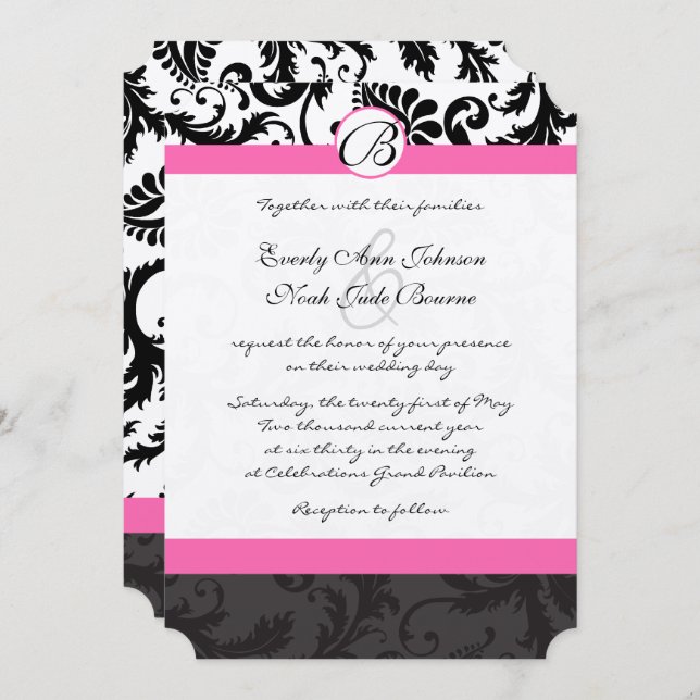 Invitation Monogramme noir et blanc Damas rose Trier (Devant / Derrière)