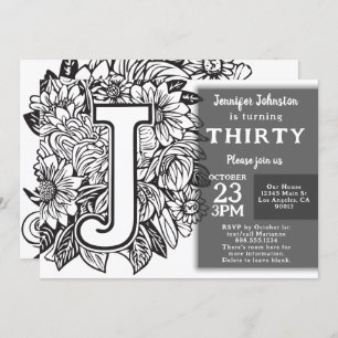 Invitation Monogramme noir et blanc Fleurs de tatouage Annive