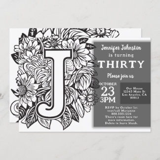 Invitation Monogramme noir et blanc Fleurs de tatouage Annive