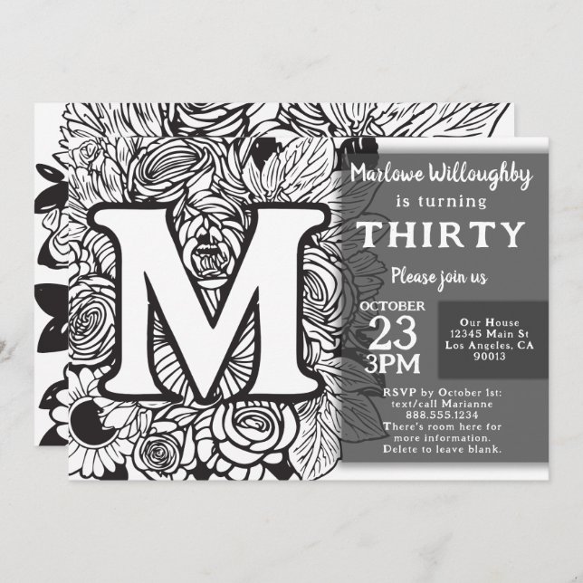Invitation Monogramme noir et blanc Fleurs de tatouage Annive (Devant / Derrière)