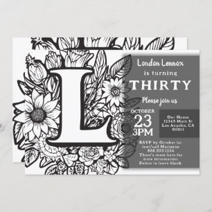 Invitation Monogramme noir et blanc Fleurs de tatouage Annive