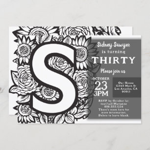 Invitation Monogramme noir et blanc Fleurs de tatouage Annive