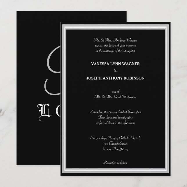 Invitation Monogramme noir et blanc formel  (Devant / Derrière)