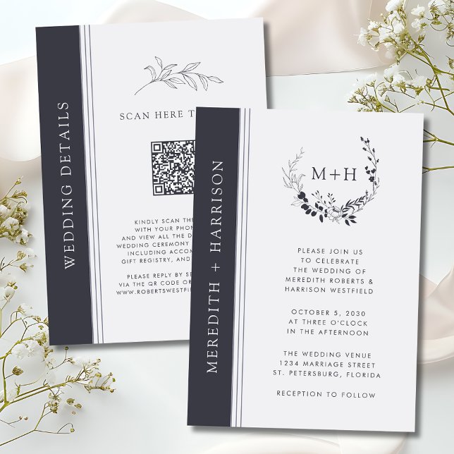 Invitation Monogramme noir et blanc Mariage de code QR (Monogram Black and White QR Code RSVP Inked Botanical Wedding Invitation)