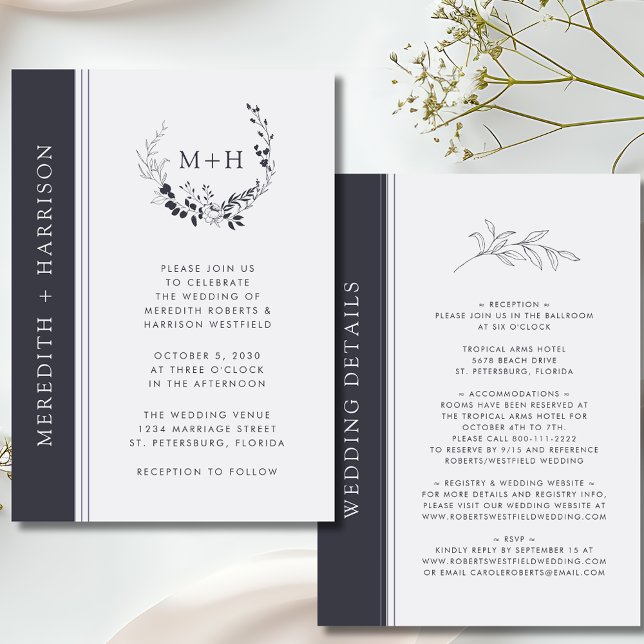 Invitation Monogramme noir et blanc tout en un Mariage (Monogram Black and White Inked Botanical All in One Details on Back Wedding Invitation)