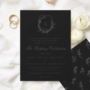 Invitation monogramme noir gris foncé classique mariage crête