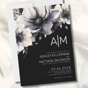 Invitation Monogramme noir moderne Mariage floral