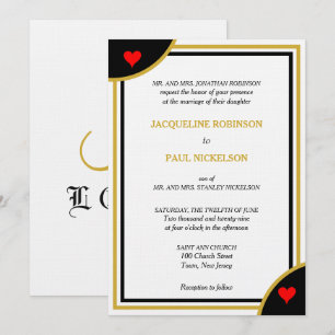 Invitation Monogramme noir or géométrique Mariage Cœurs rouge