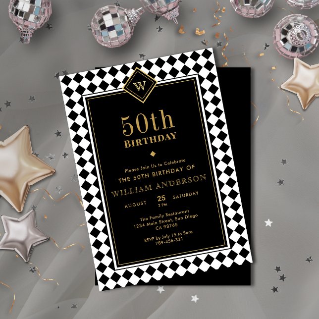 Invitation Monogramme Noir & Or Jalon âge Anniversaire (Monogrammed Black & Gold Milestone Age Birthday Invitation)