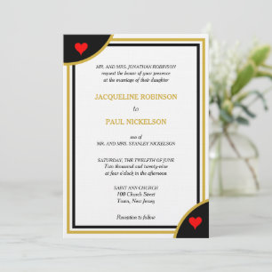 Invitation Monogramme noir or Mariage géométrique Coeurs roug