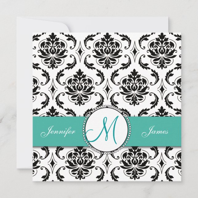 Invitation Monogramme noir turquoise de Damas (Devant)