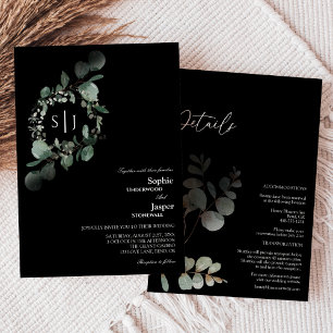 Invitation Monogramme noir vert moderne tout en un Mariage