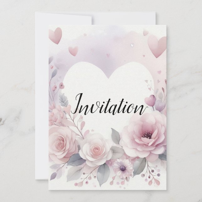 Invitation Monogramme nom cœurs floraux aquarelle romantique  (Devant)