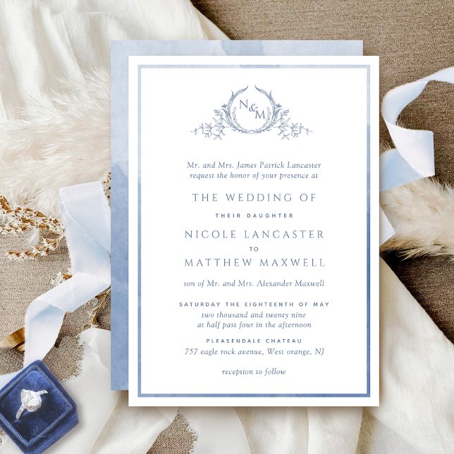 Invitation Monogramme officiel Dusty Blue Watercolor Mariage (Créateur téléchargé)