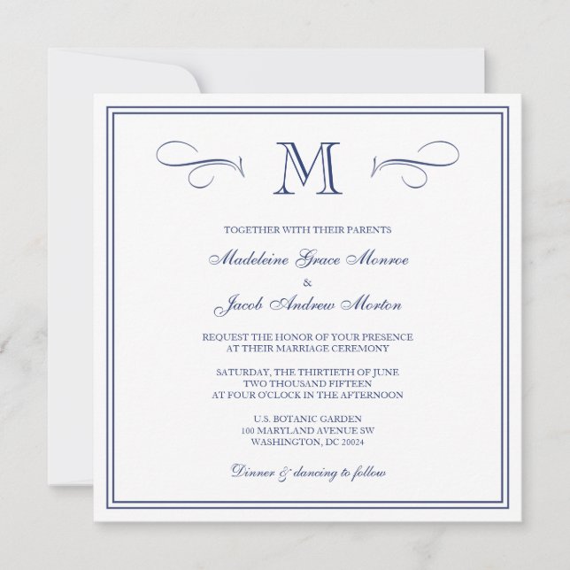 Invitation Monogramme officiel| Mariage bleu foncé (Devant)