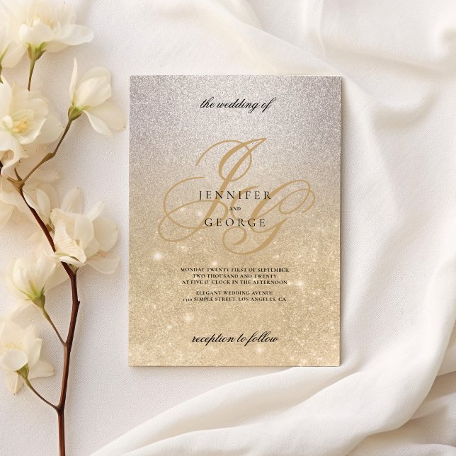 Invitation Monogramme or argenté initial ombre parties scinti (Silver gold monogram initals ombre glitter wedding)
