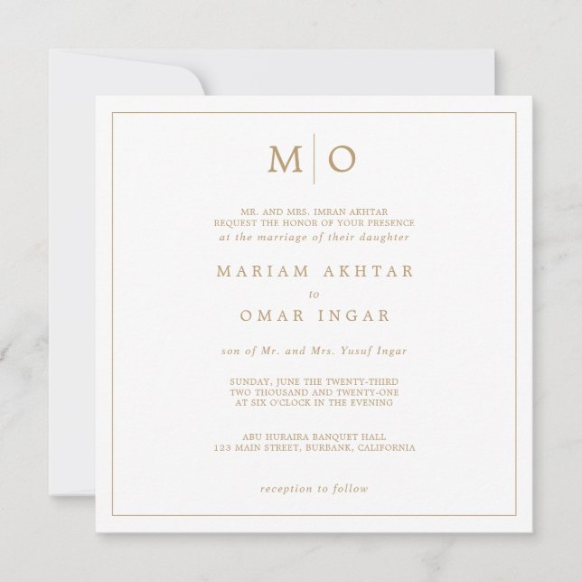 Invitation Monogramme Or Écriture Élégante (Devant)
