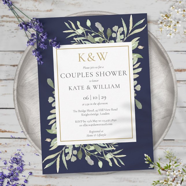 Invitation Monogramme Or Vert Marine Couples Bleus Douche (Gold Monogram Greenery Navy Blue Couples Shower Invitation)