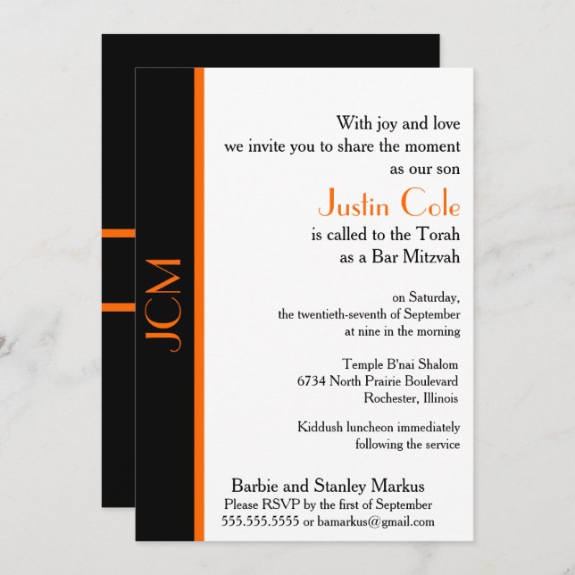 Invitation Monogramme Orange Black Bar Mitzvah (Devant / Derrière)