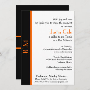 Invitation Monogramme Orange Black Bar Mitzvah