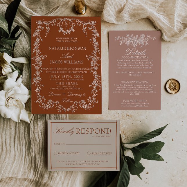 Invitation Monogramme Orange Brûlé Floral Terracotta Mariage (Créateur téléchargé)