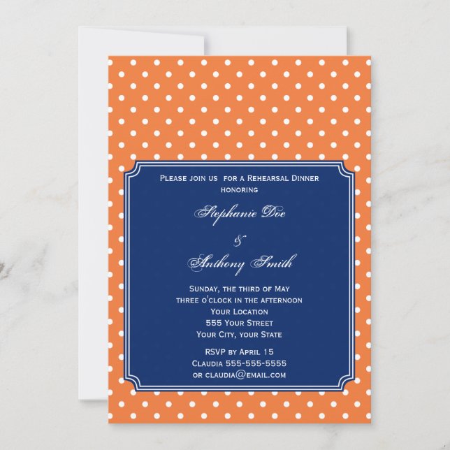 Invitation Monogramme orange, pois blanc avec bleu de roi (Devant)
