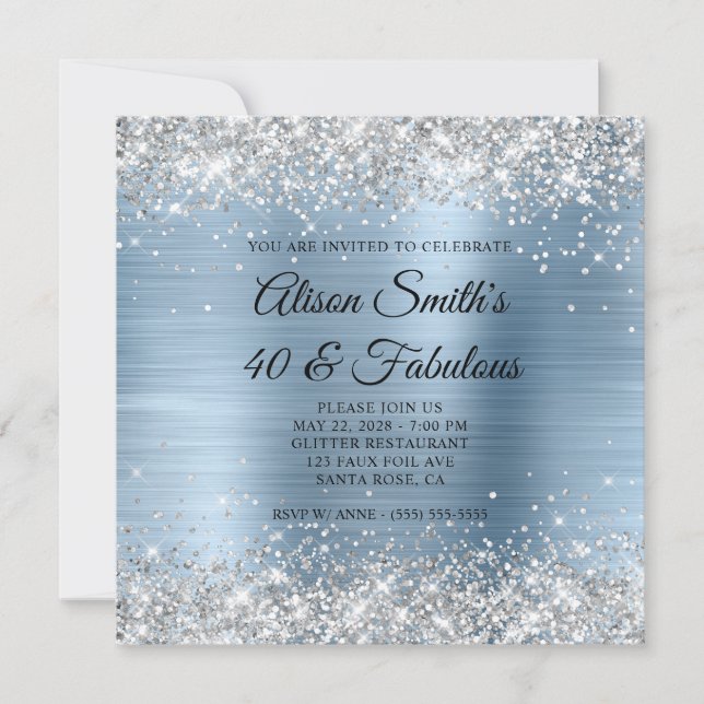 Invitation Monogramme Pailleté Argent Bleu Clair 40 & Fabuleu (Devant)