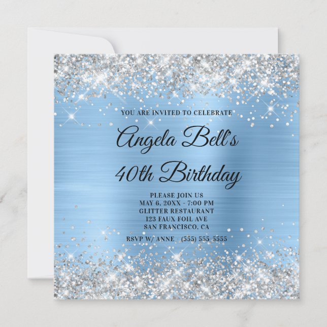 Invitation Monogramme Pailleté Argent Clair Bleu Pailleté Feu (Devant)