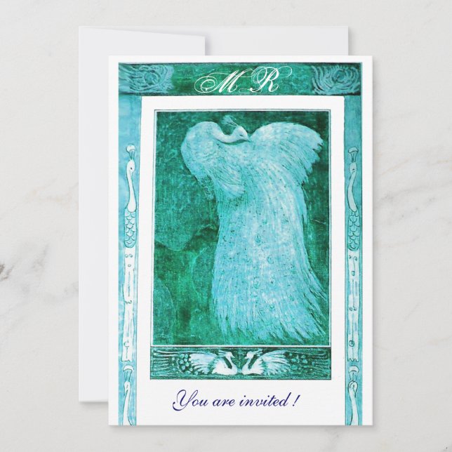 Invitation MONOGRAMME PAON AMOUR MARIAGE , bleu blanc (Devant)