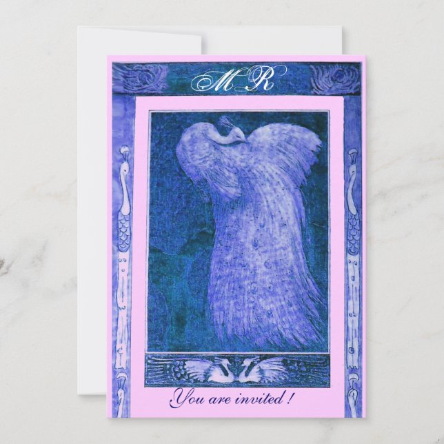 Invitation MONOGRAMME PAON AMOUR MARIAGE , bleu blanc rose (Devant)