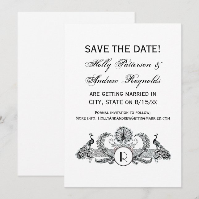 Invitation Monogramme Paons Vintage (Devant / Derrière)