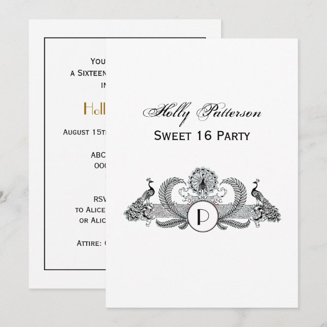 Invitation Monogramme Paons Vintage (Devant / Derrière)